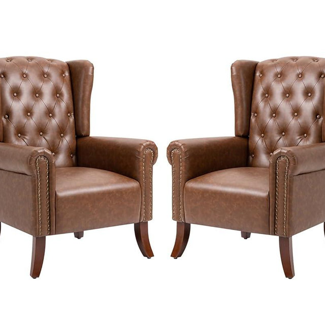 MOJAY Mid-Century Modern Living Room Chairs Set of 2, Upholstered Faux Leather Accent Chairs Club Arm Chair, Single Sofa Chair with Solid Wooden Legs for Bedroom Study Home Office Lounges (Brown)