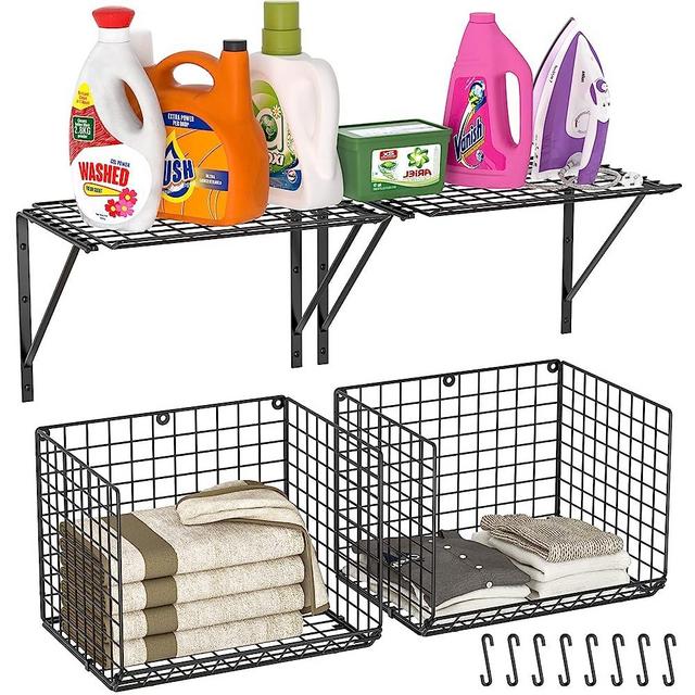 2 Pack Laundry Room Shelves Wall Mounted with Wire Baskets, Over the Washer and Dryer Shelf with Clothes Drying Rack, 8 Hooks, Wire Shelves Baskets for Laundry Closet Organization and Storage, Black