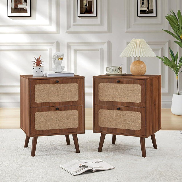 16" Wood Nightstand Set of 2, Farmhouse End Table with 2 Storage Drawer, Mid-Century Modern Bedside Table with Linen Decor, Minimalist Night Stand for Living Room, Bedroom & Small Space (Walnut)