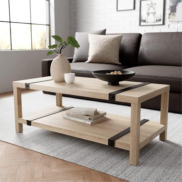 Stead - Industrial Rectangular Metal and Wood Coffee Table - 2023 Collection - Modern Farmhouse Living Room Decor - Powder-Coated Metal Details - White Washed Oak