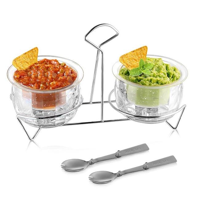 MOLIGOU Ice Chilled Dip Bowl, 16oz Chilled Serving Bowl for Parties, Dip Bowl on Ice with Metal Stand and Spork