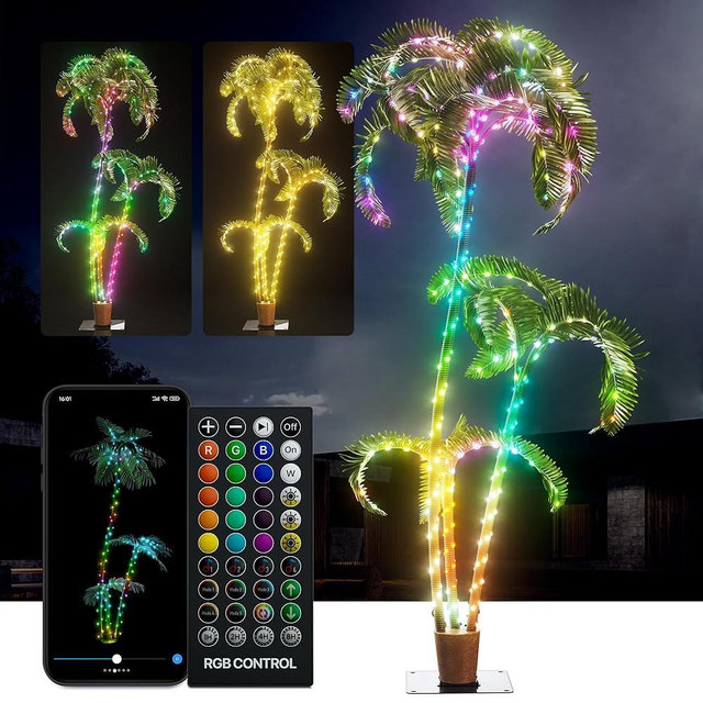 7Ft Smart Lighted Palm Tree, DIY 16 Mil Colors Changing, Prelit Fake Tree Lights, Music Sync, App & Remote Control, Outdoor Christmas Palm Tree Decoration for Bars, Patio, Beach, Pool, Cruise Party