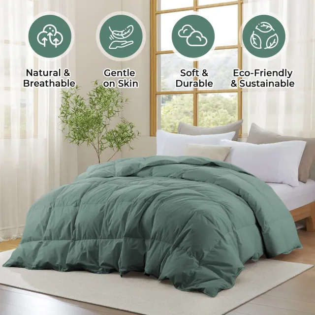 Puredown Luxurious 300TC 100% Organic Cotton Down Feather Fiber Comforter - Soft and Breathable Duvet Insert, Green, King
