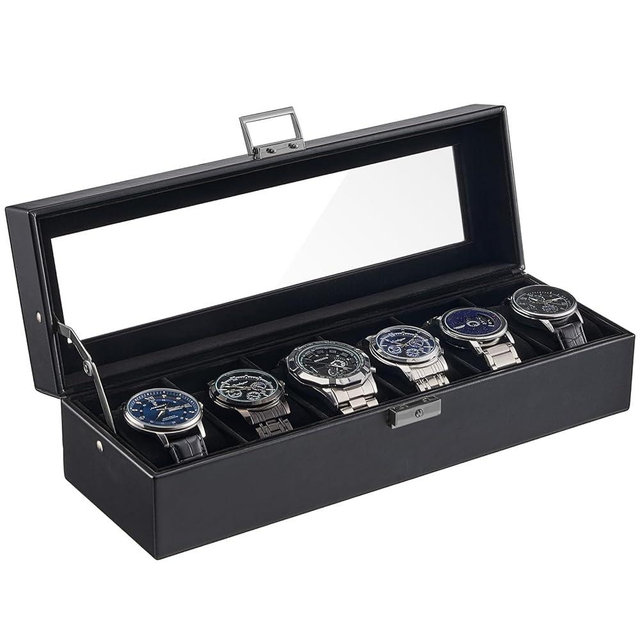 ProCase 6 Slot Watch Case Box for Men, PU leather Man Watch Organizer with Soft Pillow, Lockable Watch Collection Storage Holder with Glass Display Lid, Valentine's Gifts -AllBlack