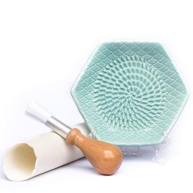 The Grate Plate 3 Piece Handmade Ceramic Garlic Grater Set - Grater, Peeler, Brush