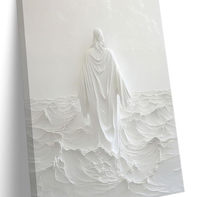 Serene White Jesus Canvas Wall Art Abstract Jesus Walking on Water Back View Wall Decor Picture Spiritual Elegance and Tranquility Christian Poster Print for Prayer Room Bedroom Artwork Decoration