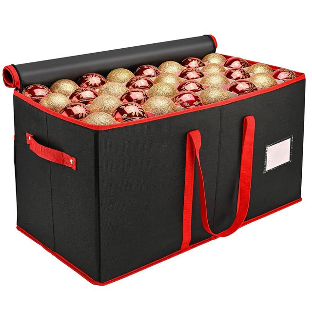 Christmas Ornament Storage Box, Mrrihand Xmas Decoration Organizer with Adjustable Dividers - Storage Container Keeps 128 Holiday Ornaments 3-Inch, Dual Zipper Closure, 600D Tear-Proof Material(Black)