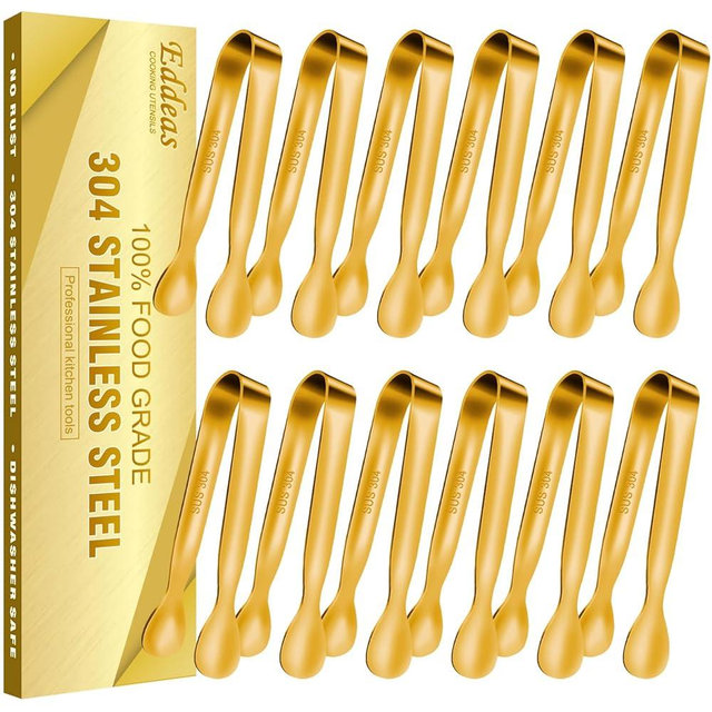 EDDEAS 12 PCS Small Serving Tongs, 4.3" Mini Gold Tongs, Gold Kitchen Tongs for Serving Food, Coffee Bar, Tea Party, Desserts Party and Ice Bucket