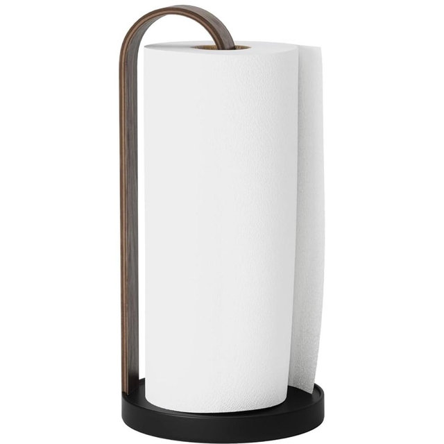 Umbra Bellwood Paper Towel Holder for Kitchen Countertop, with Real Wood Stand and Weighted Metal Base, Black/Walnut