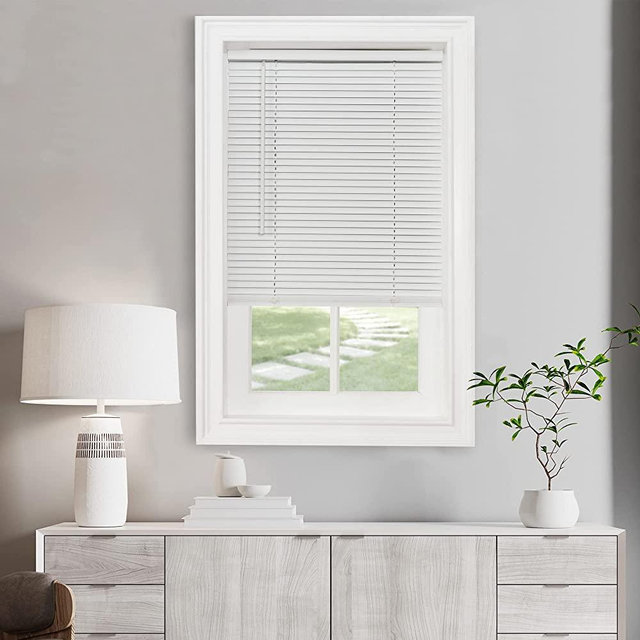 Achim Cordless Light Filtering Mini Blinds for Windows, Horizontal Vinyl Window Blinds, Shades for Indoor Windows, Inside Mount 1” GII Morningstar Collection, Pearl White, 34” W in x 64” H