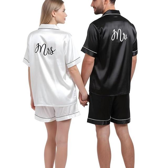 Jecery Valentines Couples Matching Pajamas Mr and Mrs Pajamas Sets His and Hers Short Satin Button Pjs for Bride Groom Gift