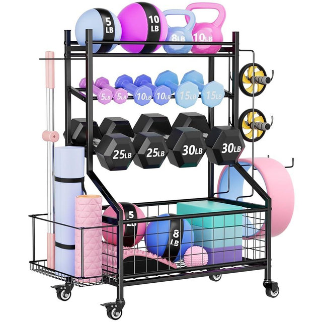 WUC Adjustable Dumbbell Rack, Weight Rack for Home Gym Storage, All-in-One Workout Equipment Storage with Wheels and Hooks for Dumbbells, Kettlebells, Yoga Mats & Balls, Durable Powder Coated Steel