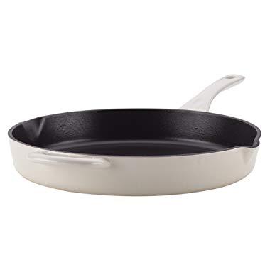 Ayesha Curry 47434 Enameled Cast Iron Skillet/Fry Pan with Pour Spouts, 10 Inch, French Vanilla