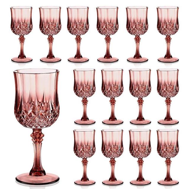 16 Pieces Vintage Pink Glassware Plastic Rose Gold Drinking Glasses 7oz Crystal Water Goblets Shatterproof Vintage Champagne Flutes Unbreakable Glassware for Weddings Parties Entertaining Guests