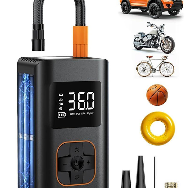 Tire Inflator Portable Air Compressor, 8000mAh Cordless Air Pump for Car Tires, 150 PSI Electric Bike Tire Pump with LED Light and Digital Pressure Gauge for Motorcycle, Auto, Ball, Bicycle