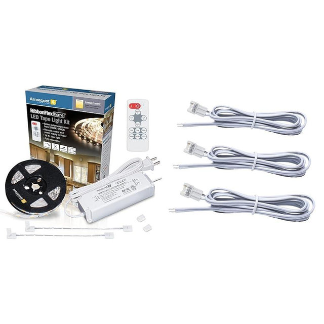 Armacost Lighting 421501 Ribbon Flex Home Tunable White LED Tape Light Kit with Remote, 16 ft & SureLock White/Single Color LED Tape Light Extension Connector - 3 Pack, 560920