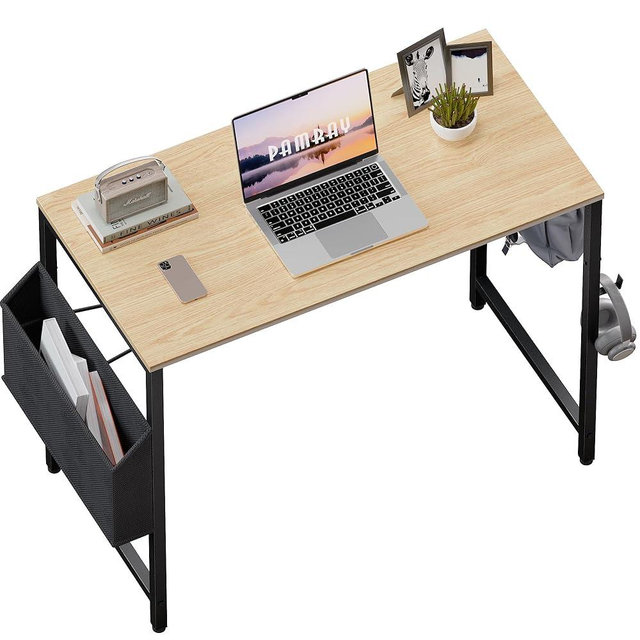 Pamray 32 Inch Computer Desk for Small Spaces with Storage Bag, Home Office Work Desk with Headphone Hook, Small Office Desk Study Writing Table