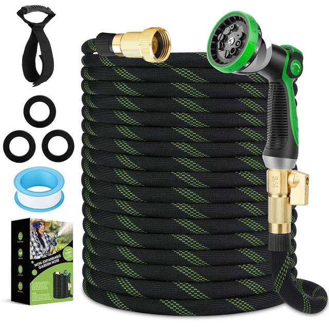 FlexiSolve Garden Hose 75 ft, NON-EXPANDABLE Ultra Lightweight & Flexible Water Hose With 10-Pattern Spray Nozzle, Kink-Resistant, Leak-Proof, 3750D High-Density Fabric & Shut-Off Valve, Hose Straps