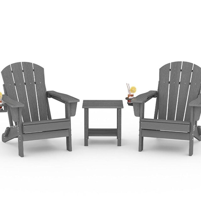Folding Adirondack Chair Set of 2 with Side Table, All-Weather HDPE Outdoor Chair, Wooden Textured with Cup Holder for patios, Decks, Gardens, fire pits, Grey