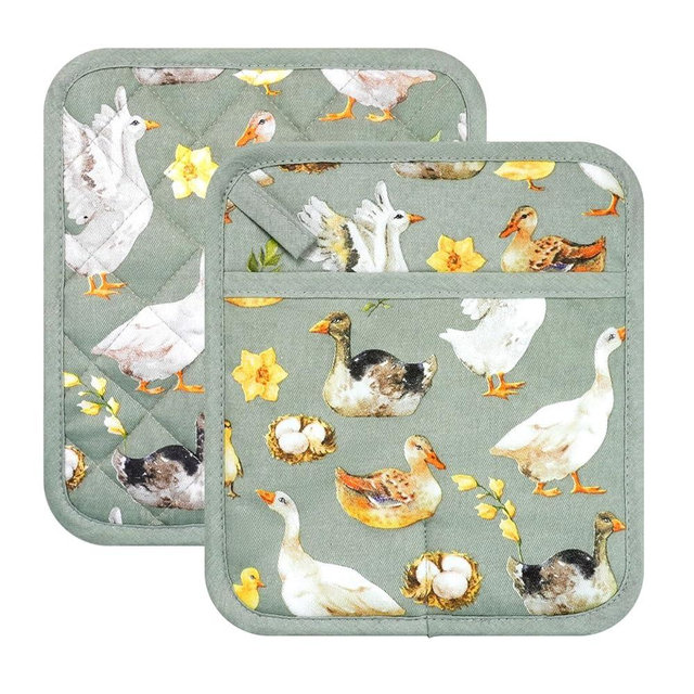Pot Holders Set of 2 Heat Resistant 480℉ Kitchen 100% Cotton Comfortable Lining Printing Teal Flower Women Men Home Cooking Baking Microwave BBQ Gift (Teal potholders)