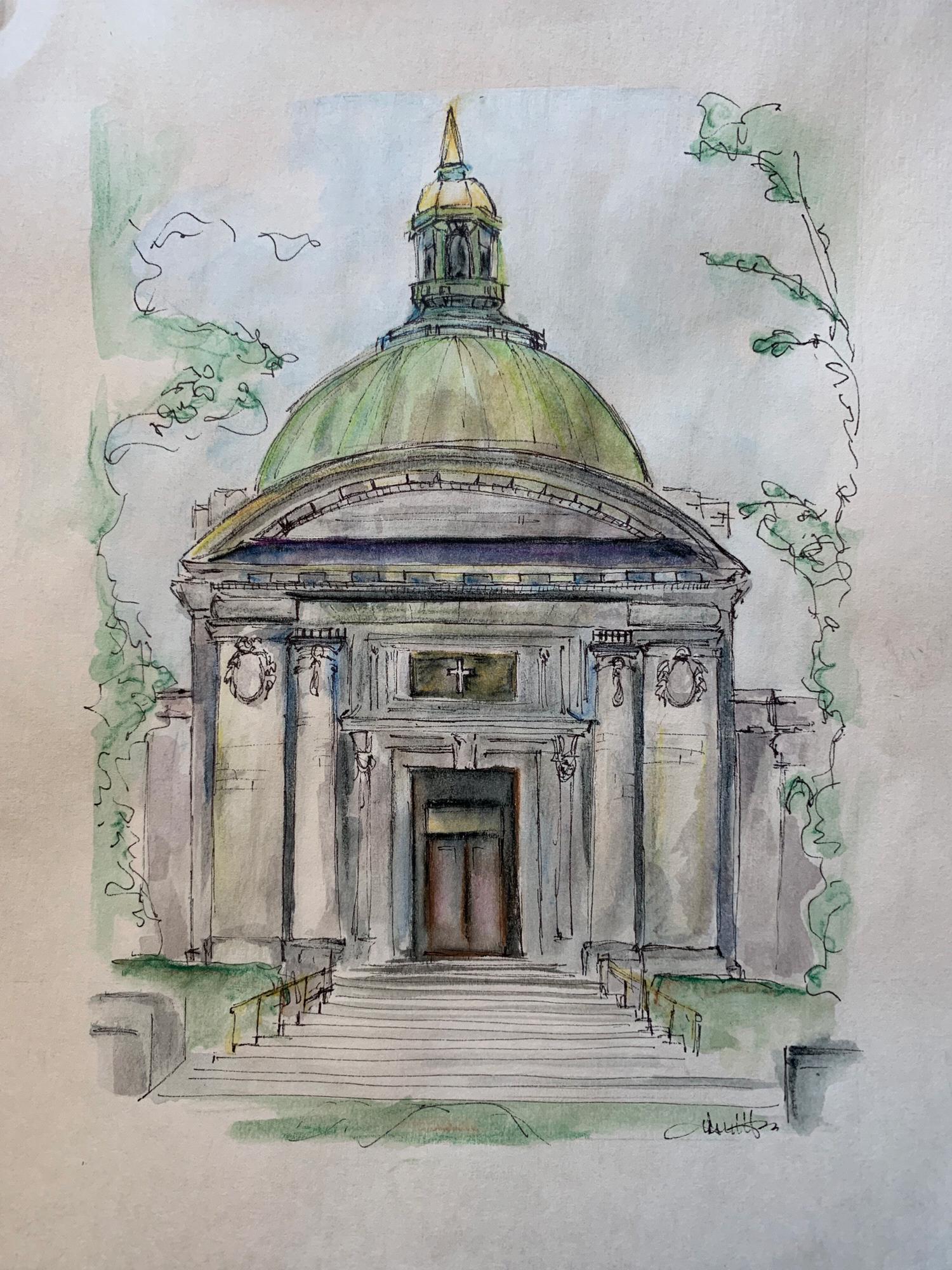 Pen and Watercolor Drawing of USNA Chapel by Demere Kasper Hess