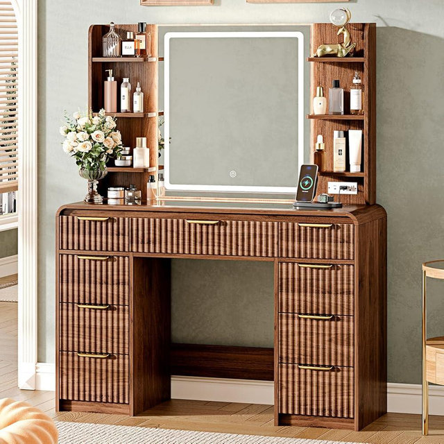 GRUTEUNIT 43" Makeup Vanity Desk with Mirror and Lights&Power Outl, 3 Adjustable Light Color,Glass Top Big Vanity Table with 9 Drawers & 6 Shelves,Girls Vanity for Bedroom, Tan