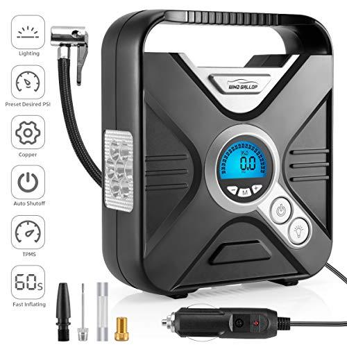 WindGallop Portable Air Compressor Tire Inflator Air Pump for Car Tires DC 12V Tire Pump with Gauge Valve Adaptors LED Light for Automobiles Bike Motorbike Basketball Inflatables (Silver)