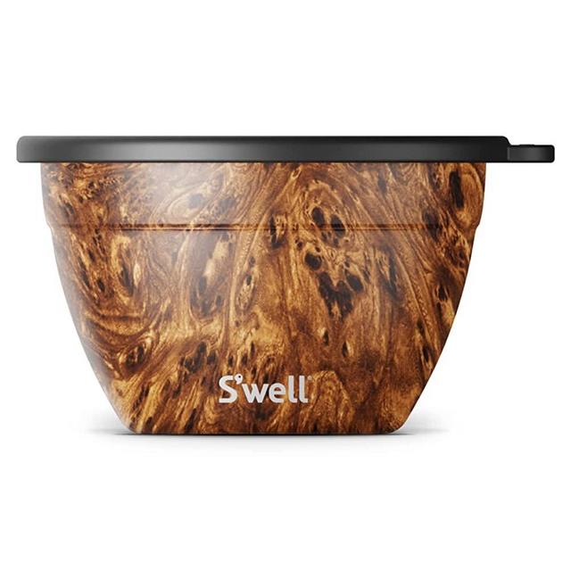 S'well Stainless Steel Salad Bowl Kit - 64oz, Teakwood - Comes with 2oz Condiment Container and Removable Tray for Organization - Leak-Proof, Easy to Clean, Dishwasher Safe