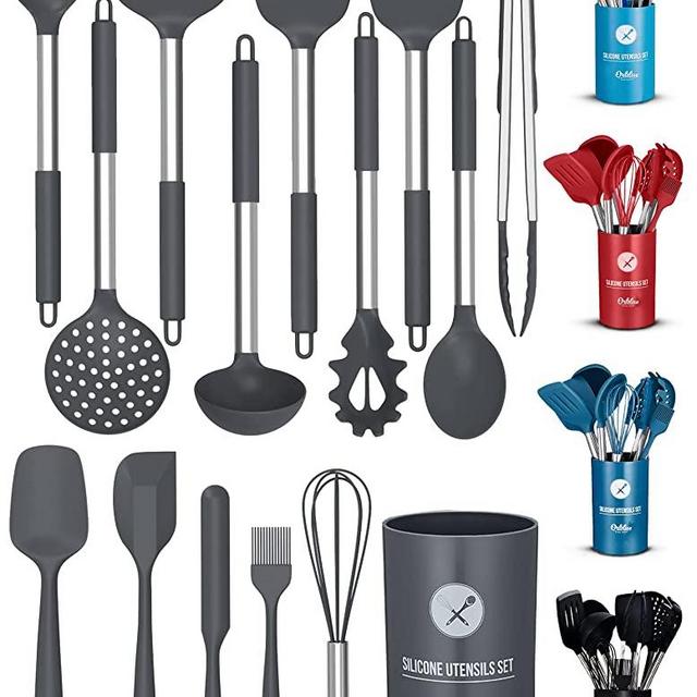 ORBLUE Silicone Cooking Utensil Set, 14-Piece Kitchen Utensils with Holder, Safe Food-Grade Silicone Heads and Stainless Steel Handles with Heat-Proof Silicone Handle Covers, Gray