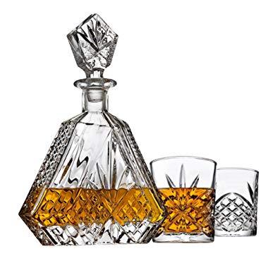 Whiskey Decanter set for Liquor Scotch Bourbon or Wine, Includes 2 DOF whisky glasses - Irish Cut Triangular