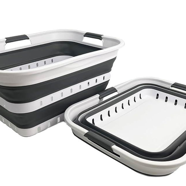 SAMMART 42L (11 gallons) Set of 2 Plastic Foldable Storage Basket/Container - Collapsible, Space Saving and Portable Laundry Hamper, Ideal for Home, Travel, Dorm, and Camping (2, White/Steel Grey)