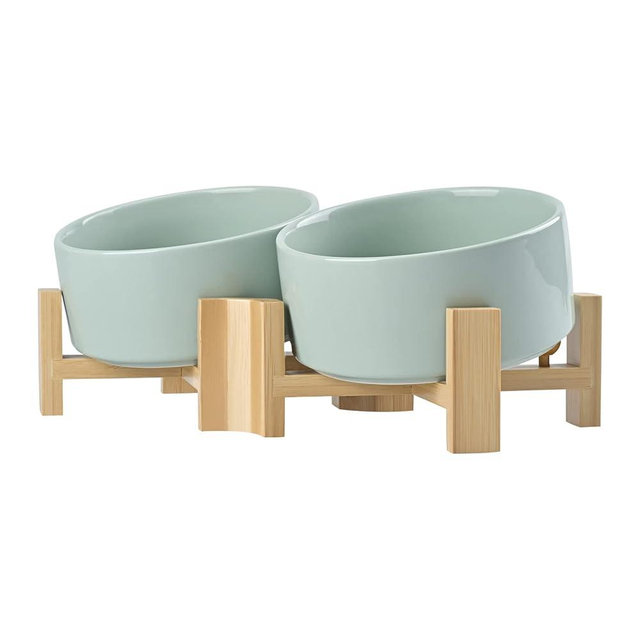 SPUNKYJUNKY 15° Slanted Ceramic Dog and Cat Bowl with Wooden Stand, Tilted Bulldog Food and Water Bowl No Slip Non-Spill for Cats Medium Dogs Big Face Pets 28.7 OZ (3.6 Cups, Morandi Green × 2)