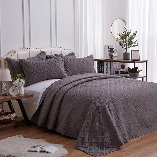 SunStyle Home 3 Pieces Quilt Set Full/Queen Size 90x96 inch Quilted Coverlet with 2 Pillow Shams, Ultra Soft Lightweight Luxurious Microfiber Bedspread Coverlet for All Season, Grey-Square, Full/Queen