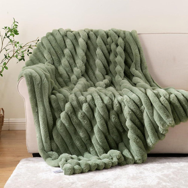 Battilo Faux Fur Throw Blanket, Cozy Warm Plush Striped Rabbit Fur Blanket for Couch and Bed, Super Soft Fuzzy Sage Green Blanket for Living Room Bedroom, Home Decor & Gifts, 60"x80"
