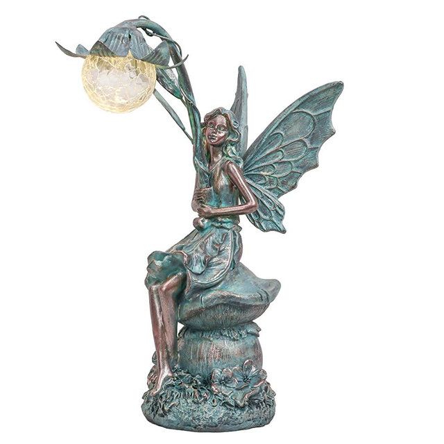 TERESA'S COLLECTIONS Large Fairy Garden Statue and Sculpture with Solar Powered Lights, Resin Outdoor Angel Garden Figurines Sitting on Mushroom for Lawn,Patio, Yard Decorations (Bronze)