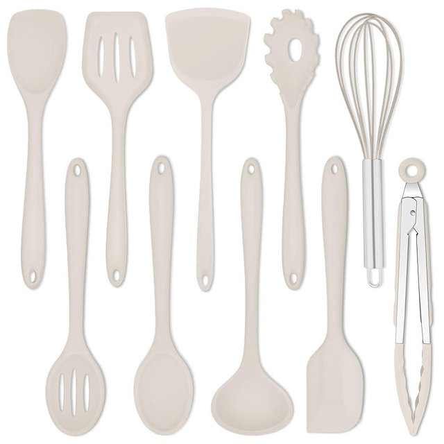 E-far 10 Pieces Silicone Cooking Utensils Set, Heat Resistant Kitchen Utensil Set for Nonstick Cookware, Kitchen Cooking Tools with Spatula, Spoon, Slotted Turner, Non-Toxic & Dishwasher Safe (Khaki)