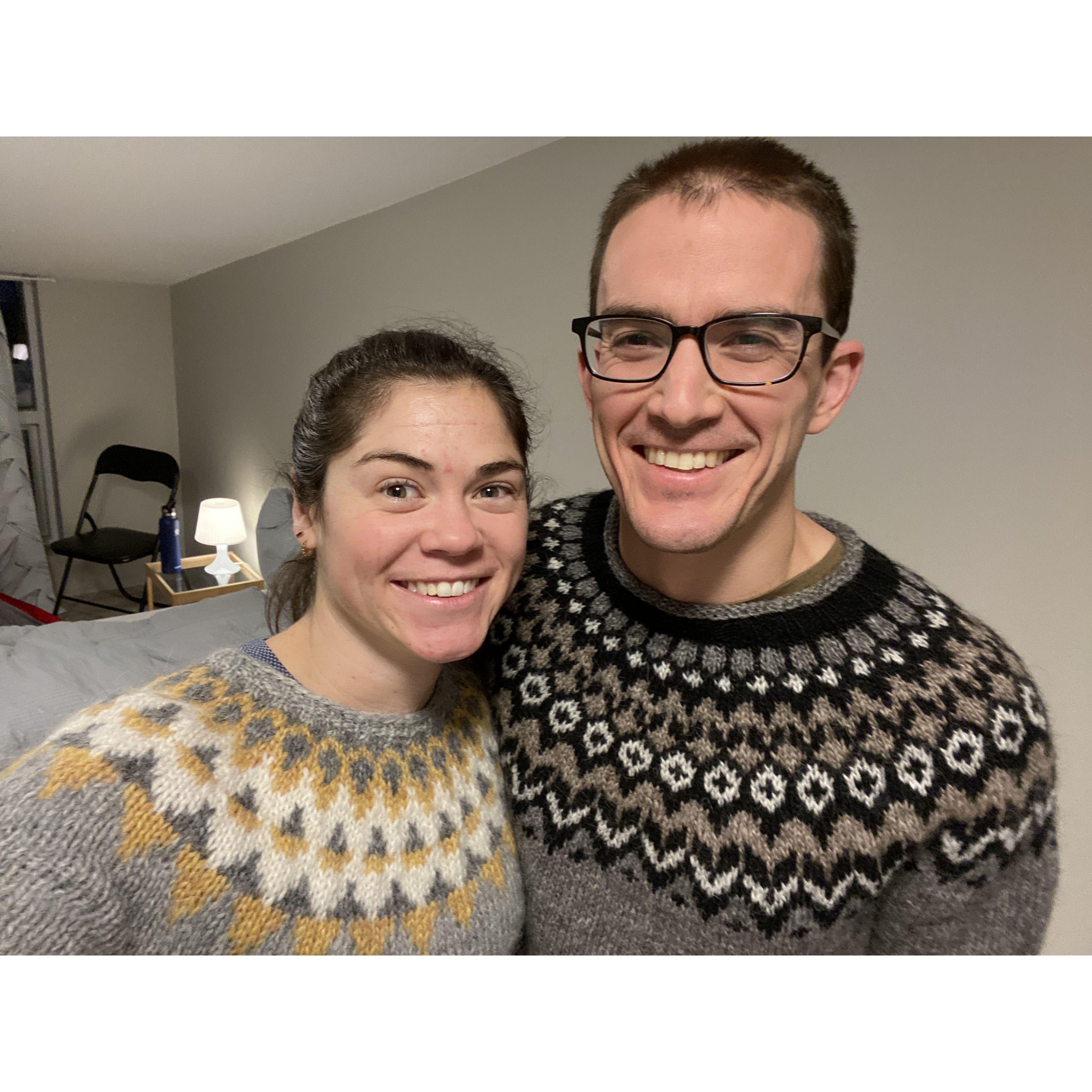 Matching Icelandic sweaters on our first international trip together complete with loosing the skis and being delayed three days due to a snowstorm. But the company was unbeatable.