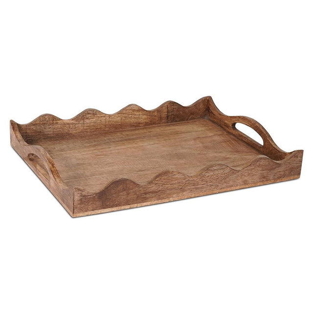 Scallop Coffee Table Tray (Natural Finish) - “Scallop” - Wood Serving Tray w/Handles for Breakfast in Bed - Mango Wood Decorative Tray w/Felt Pads - Extra Large Wooden Tray - 16” x 12” x 2”