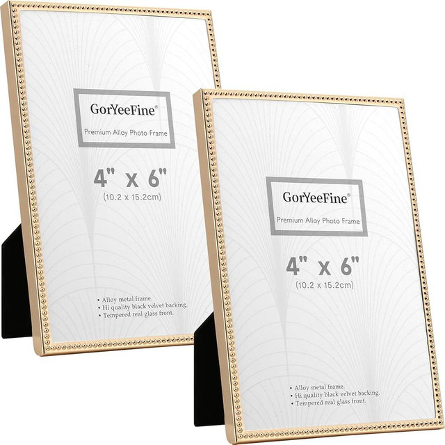 YiPinYin 4x6'' Gold Metal Picture Frames Set of 2,Elegant Beaded Metal Frames with Real Glass & Soft Premium Velvet Backing for Wedding Photos,Home Decor & Gallery Wall