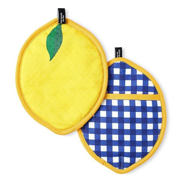 KATE SPADE NEW YORK Lemon Party and Spring Gingham Pot Holder 2-Pack Set, Heat Resistant, 100% Cotton, Navy Blue/Yellow, 7"x10"