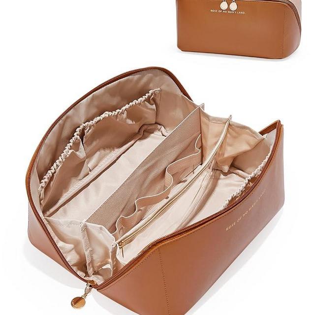 EACHY Travel Makeup Bag,Large Capacity Cosmetic Bags for Women,Waterproof Portable Pouch Open Flat Toiletry Bag Make up Organizer with Divider and Handle (Large-Brown)