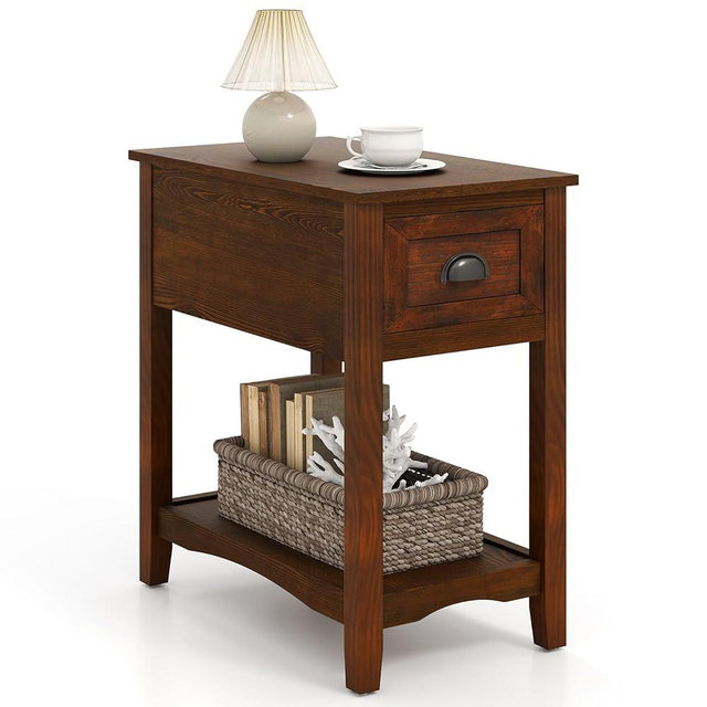 Giantex End Table with Drawer, Retro Narrow Side Table, Nightstand with Solid Wood & Stroage Shelf, Bedside Table for Living Room Bedroom Small Space Home Office (1, Walnut)
