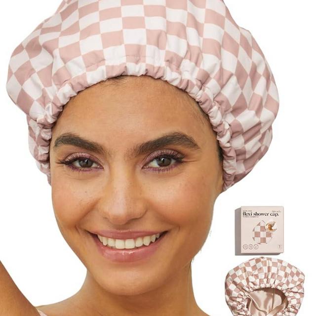 Kitsch Luxury Shower Cap for Women Waterproof - Flexi Satin Lined Shower Cap, Reusable Shower Cap, Adjustable Hair Cap for Shower, Big Shower Bonnet, Large Waterproof Hair Shower Caps for Long Hair