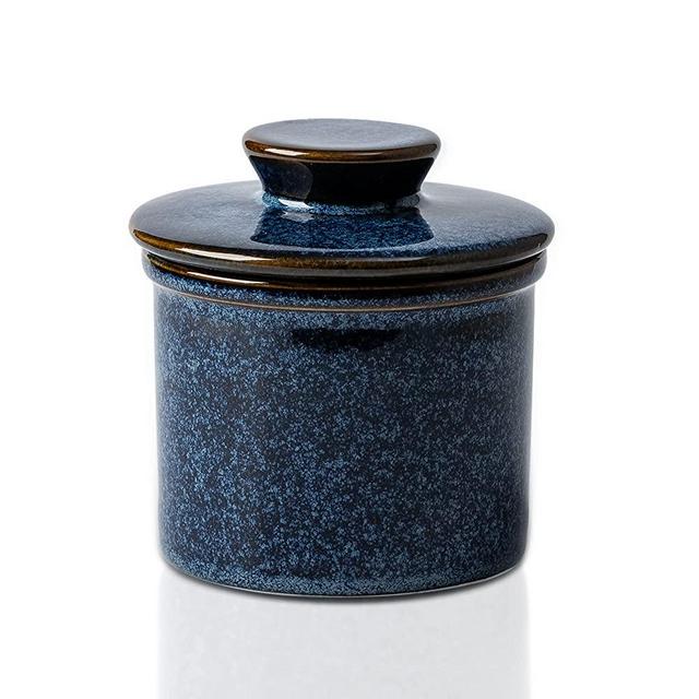XELA Porcelain Butter Keeper Crock, French Butter Crock for Counter, Butter Keeper With Water Line for Fresh Spreadable Butter-Kiln Turns Blue