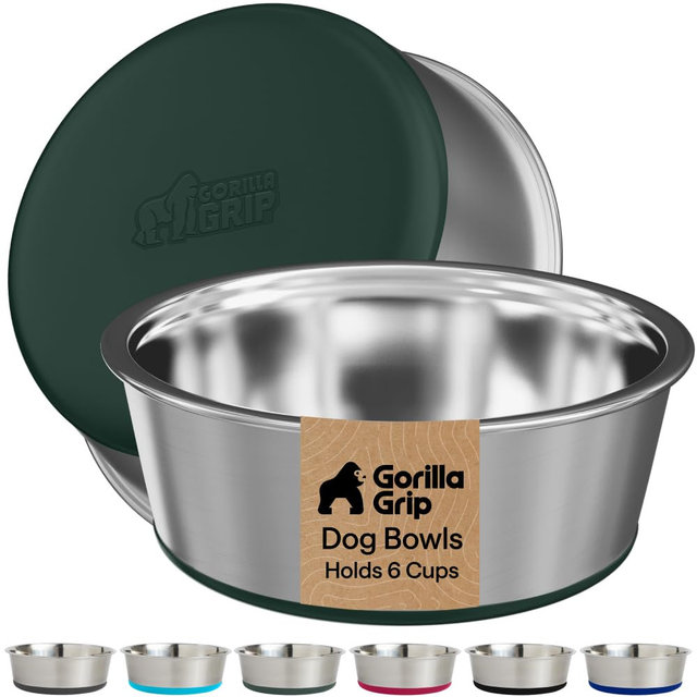 GORILLA GRIP Dog Bowls, Food Grade 304 Stainless Steel, Holds 6 Cups Each (48 fl oz) Food and Water Bowl for Feeding Dogs and Cats, Dishwasher Safe, Rust Resistant, BPA Free Rubber Base Set of 2 Green