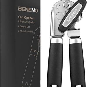Beneno Heavy Duty Hand Can Opener Manual with Magnet, Durable Sharp Carbon Steel Blade Smooth Cutting, Big Effort-Saving Knob & Soft Grip Handle, Multifunctional Kitchen Tool with Bottle Opener, Black