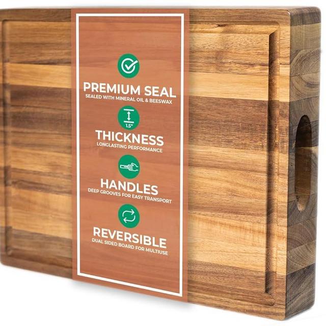 Saffron & Sage Large Wood Cutting Board - Thick 16 x 12 x 1.5 Inch Acacia Wooden Cutting Boards for Kitchen use with Deep Juice Groove, Reversible Chopping Board Doubles as a Big Charcuterie Board