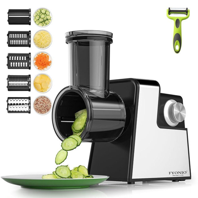 FYONIO Electric Cheese Grater, 5 in 1 Salad Maker with Stainless Steel Blades, 350W Electric Slicer Shredder/Slicer, Electric Salad Machine for Cheeses, Fruits, Vegetables
