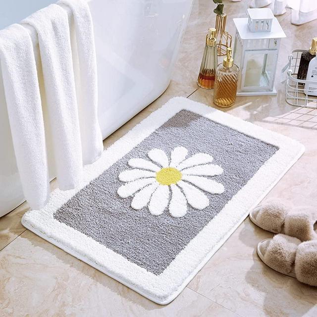 Bathroom Rugs Mat, White Flower Bath Rugs Fluffy Soft Superfine Fiber Rugs Non Slip Bath Mat Machine Wash Plush Mats,Bathroom Rug for Bathroom Shower Room (16"×24", Gray)