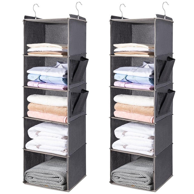 BOOMIBOO Hanging Closet Organize and Shelves，5-Hanging Shelf with 2 Side Pockets，Storage Foldable （2 Pack ，Grey）